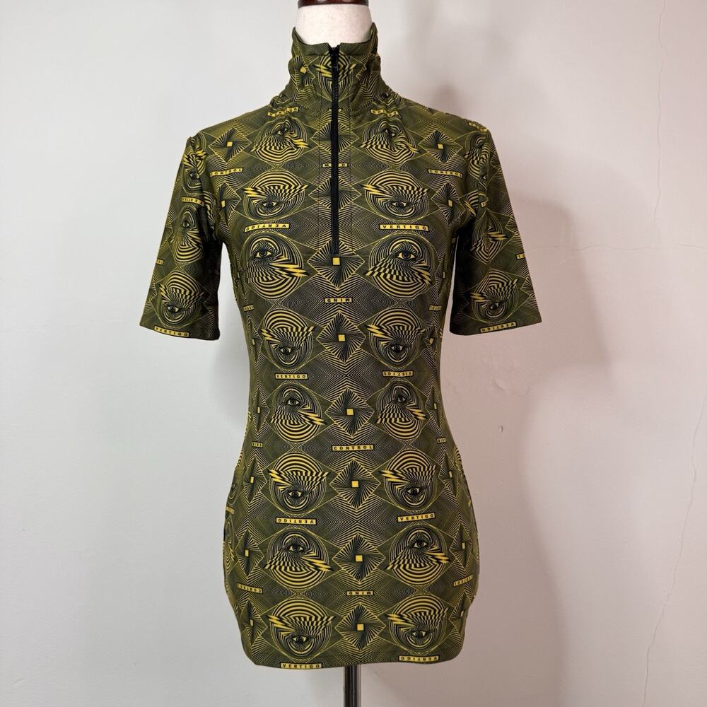 Kwaidan Editions Stretch Top Yellow Geometric Size XS Zip Y2K Psychedelic Techno